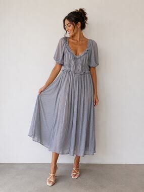 DrA Los Angeles Swiss Dot Smocked Midi Dress Blue Gray Size S